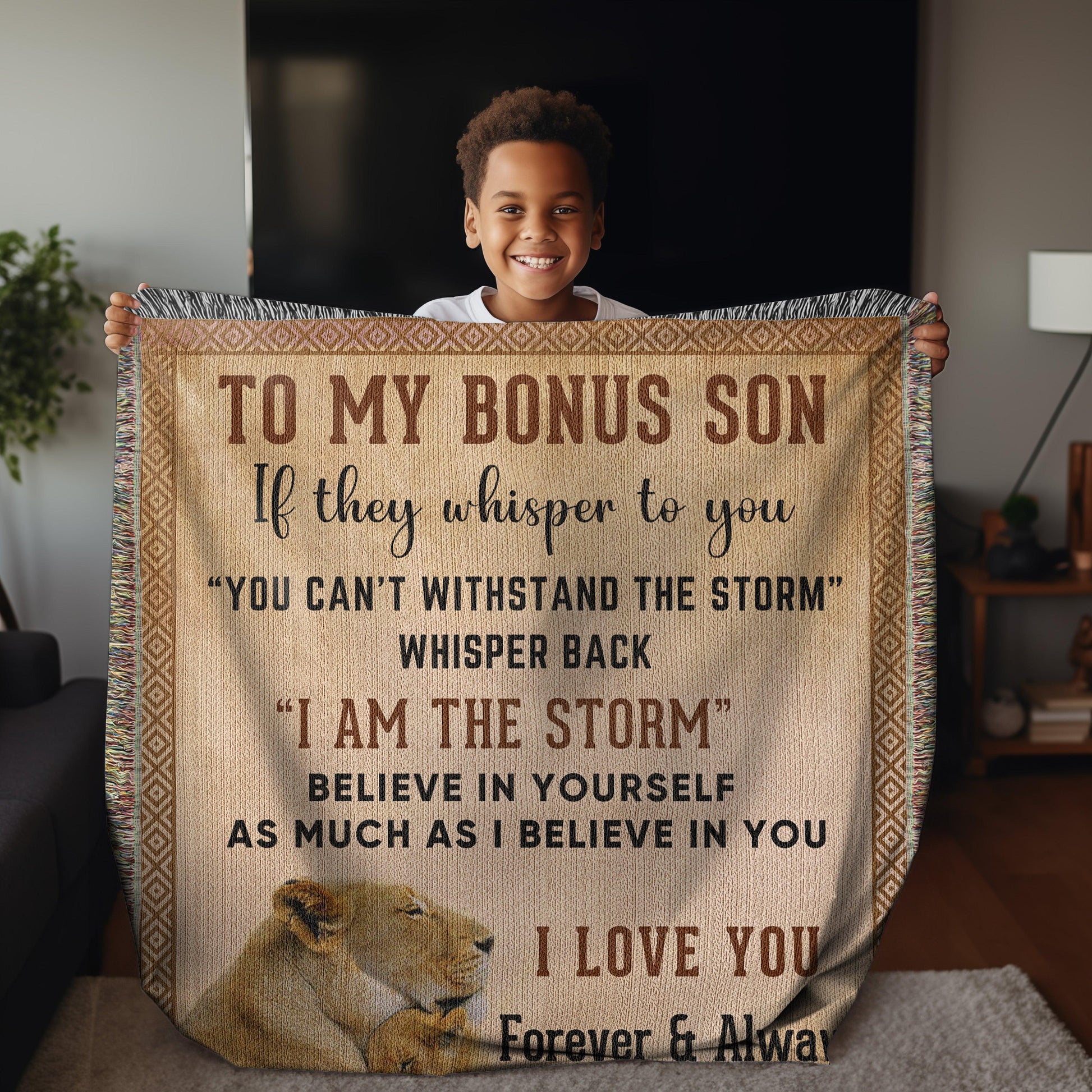 To My Bonus Son, Whisper Back, I am the Storm Heirloom Keepsake Woven Blanket - Mallard Moon Gift Shop
