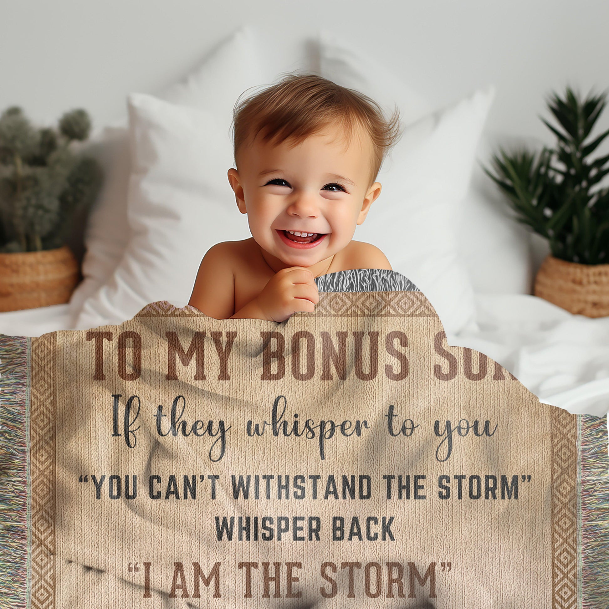 To My Bonus Son, Whisper Back, I am the Storm Heirloom Keepsake Woven Blanket - Mallard Moon Gift Shop