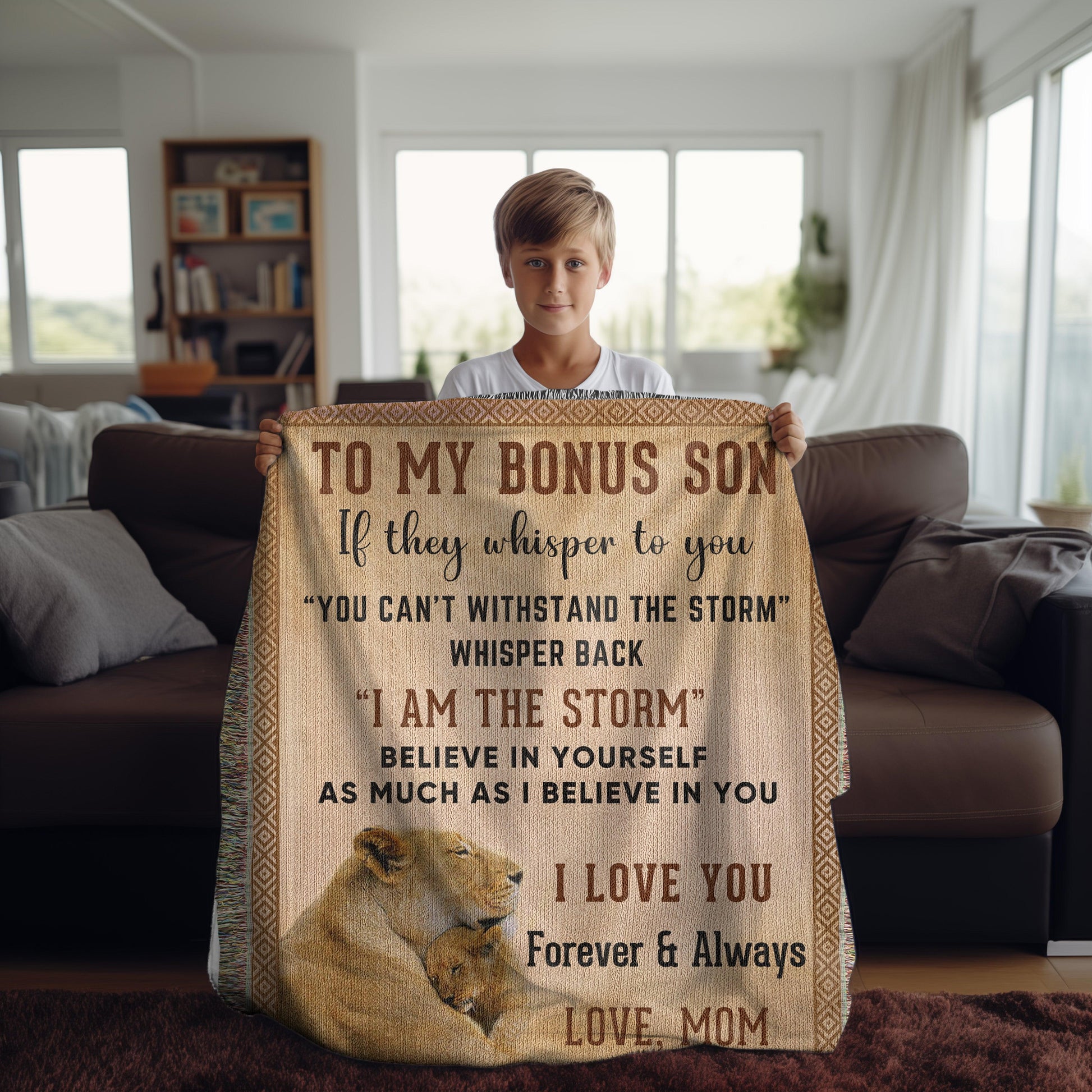 To My Bonus Son, Whisper Back, I am the Storm Heirloom Keepsake Woven Blanket - Mallard Moon Gift Shop