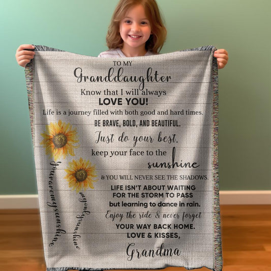 To My Granddaughter Life Is Learning to Dance in the Rain Personalized Heirloom Woven Blanket - Mallard Moon Gift Shop