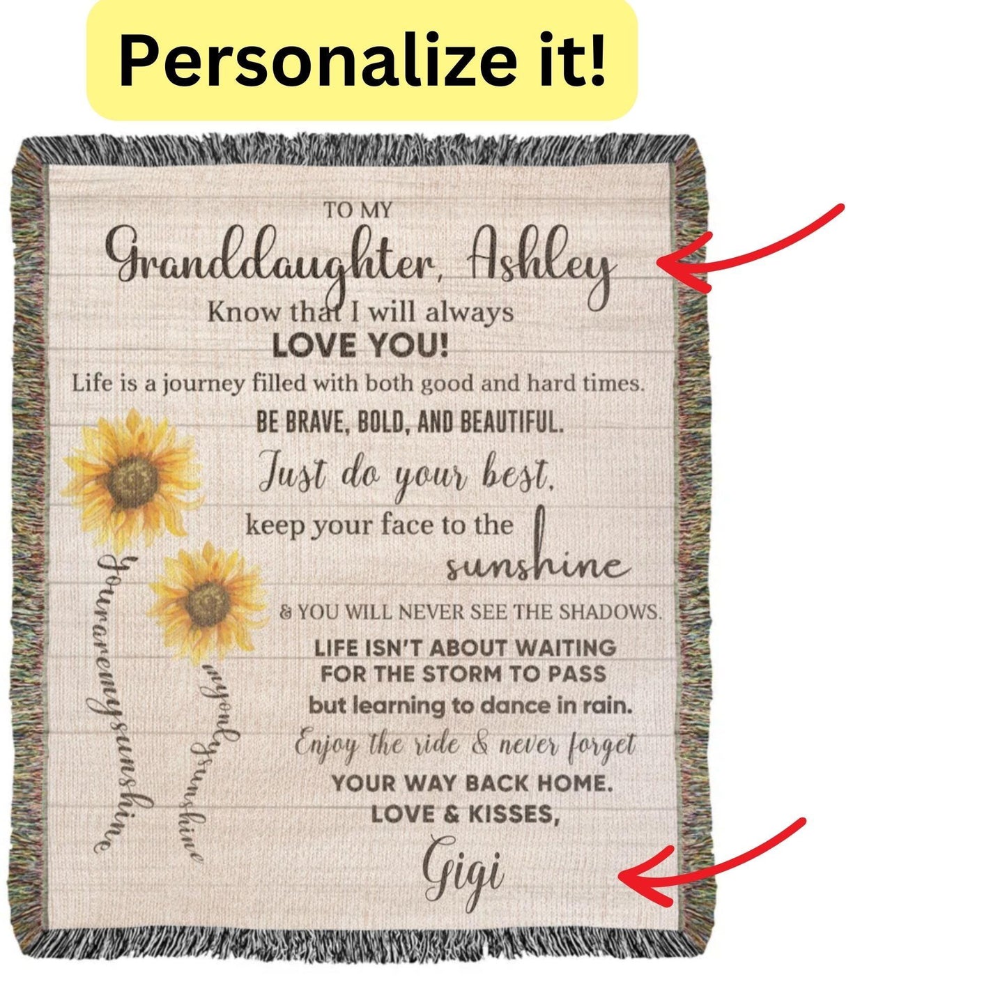 To My Granddaughter Life Is Learning to Dance in the Rain Personalized Heirloom Woven Blanket - Mallard Moon Gift Shop