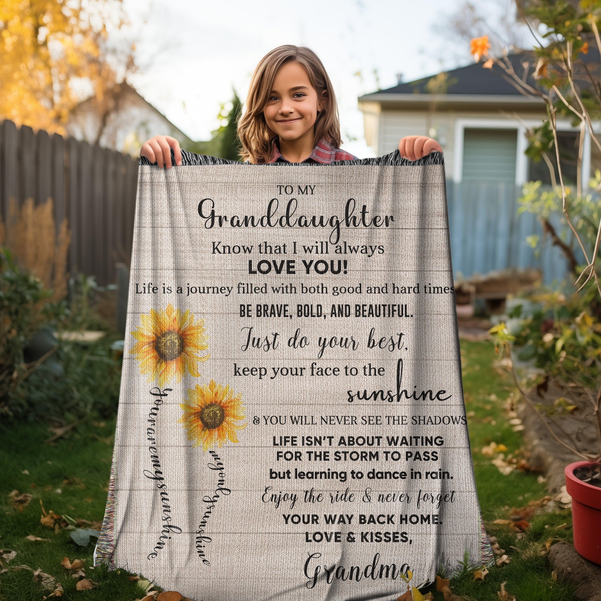 To My Granddaughter Life Is Learning to Dance in the Rain Personalized Heirloom Woven Blanket - Mallard Moon Gift Shop