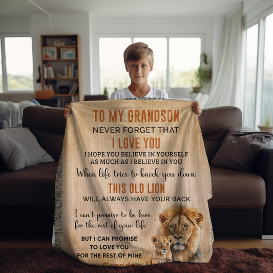 To My Grandson This Old Lion Will Always Have Your Back Personalized Heirloom Woven Blanket - Mallard Moon Gift Shop