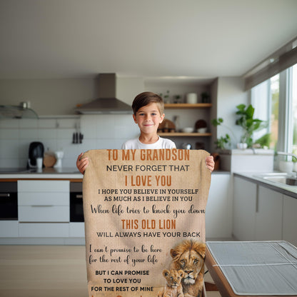 To My Grandson This Old Lion Will Always Have Your Back Personalized Heirloom Woven Blanket - Mallard Moon Gift Shop