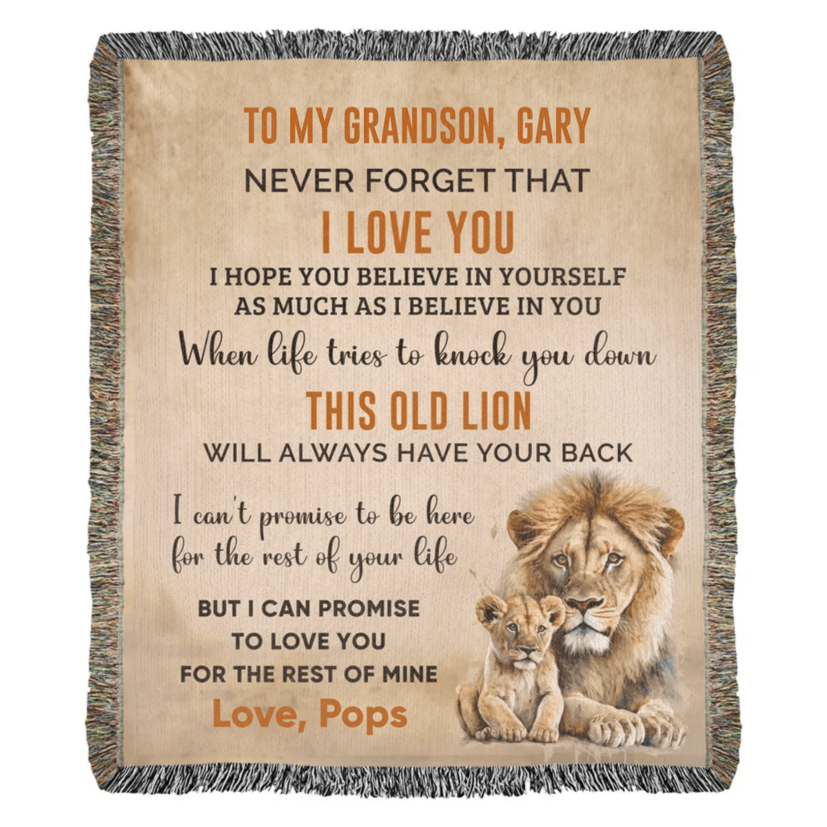 To My Grandson This Old Lion Will Always Have Your Back Personalized Heirloom Woven Blanket - Mallard Moon Gift Shop