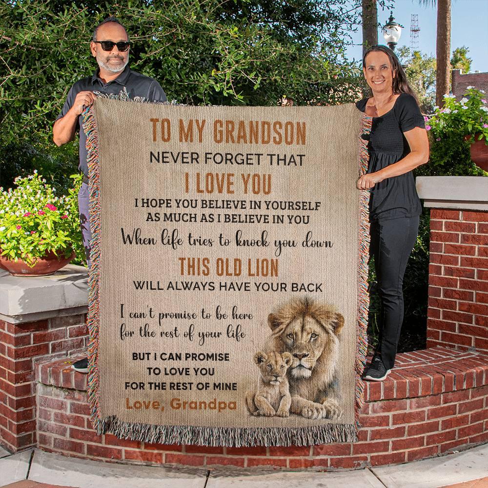 To My Grandson This Old Lion Will Always Have Your Back Personalized Heirloom Woven Blanket - Mallard Moon Gift Shop