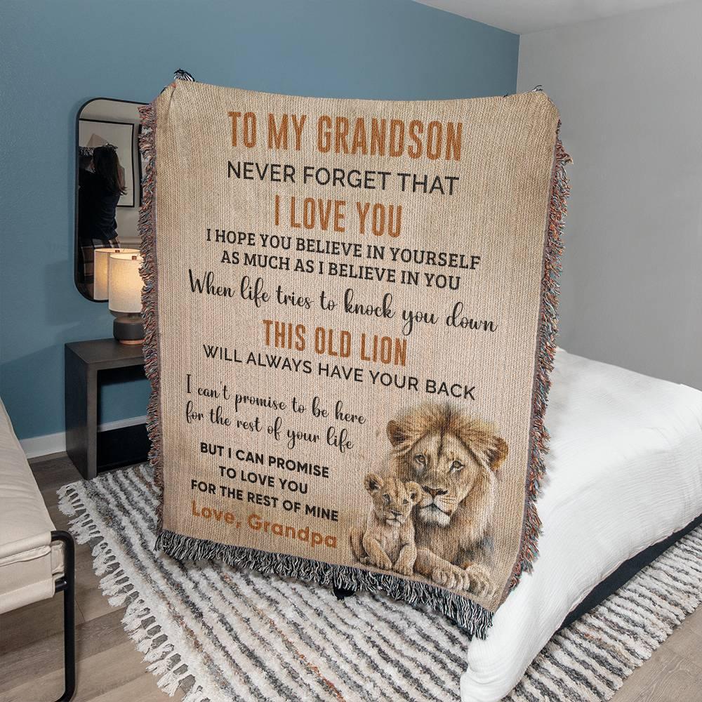 To My Grandson This Old Lion Will Always Have Your Back Personalized Heirloom Woven Blanket - Mallard Moon Gift Shop