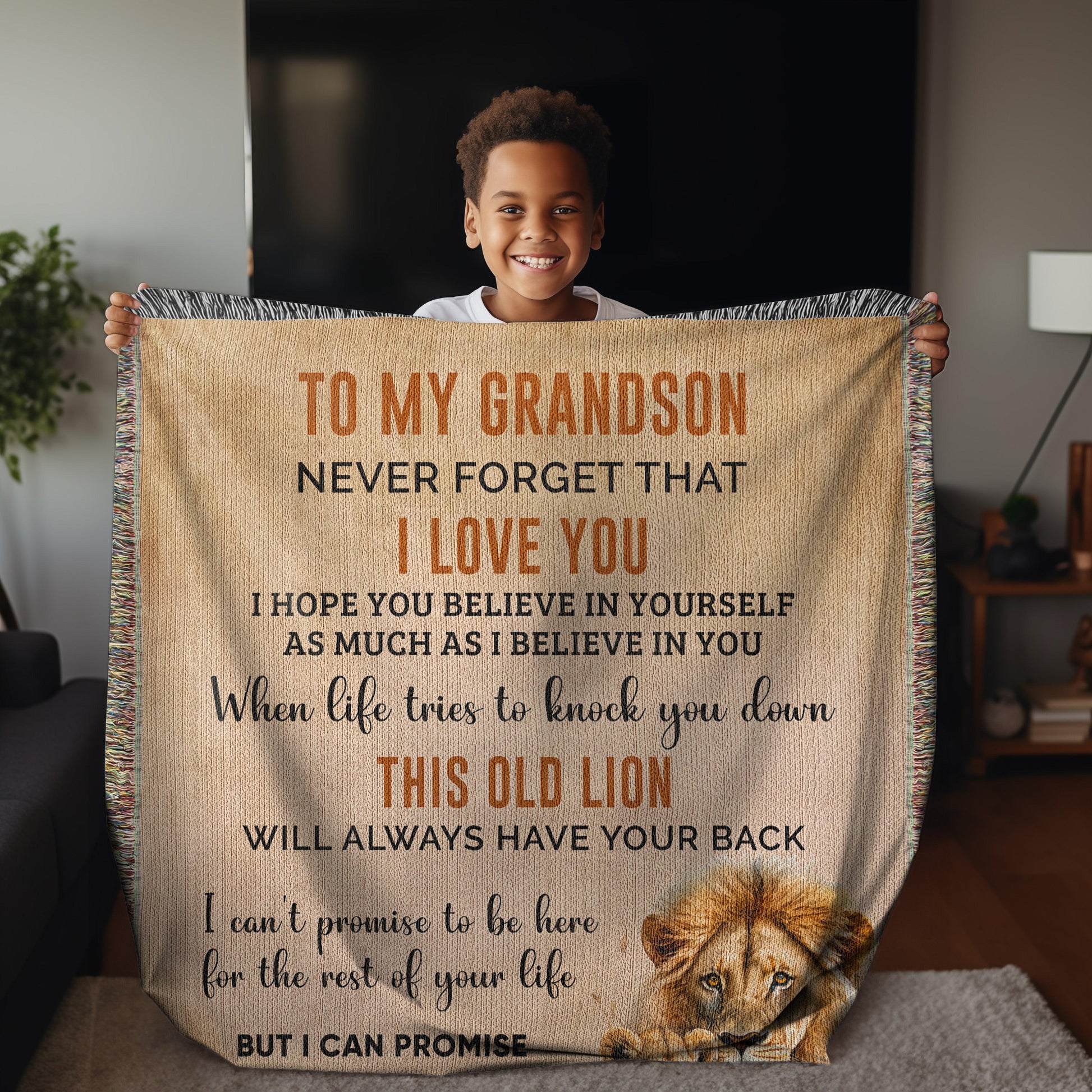 To My Grandson This Old Lion Will Always Have Your Back Personalized Heirloom Woven Blanket - Mallard Moon Gift Shop