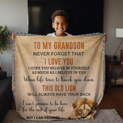 To My Grandson This Old Lion Will Always Have Your Back Personalized Heirloom Woven Blanket - Mallard Moon Gift Shop
