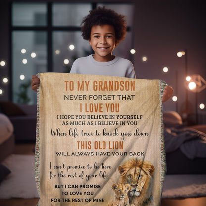 To My Grandson This Old Lion Will Always Have Your Back Personalized Heirloom Woven Blanket - Mallard Moon Gift Shop