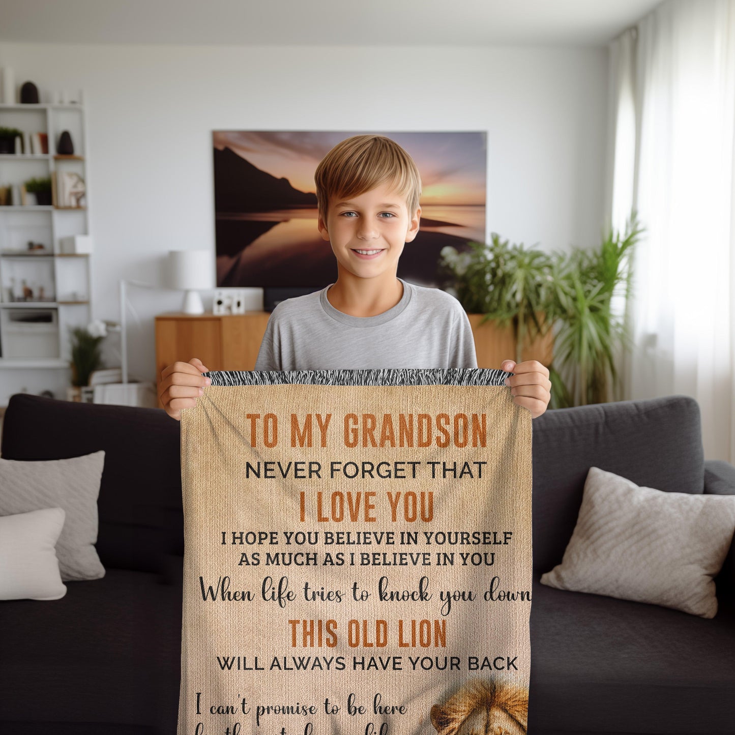To My Grandson This Old Lion Will Always Have Your Back Personalized Heirloom Woven Blanket - Mallard Moon Gift Shop
