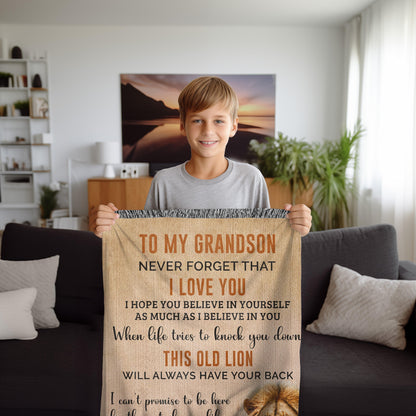 To My Grandson This Old Lion Will Always Have Your Back Personalized Heirloom Woven Blanket - Mallard Moon Gift Shop