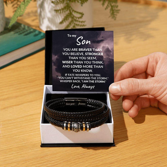 To My Son Braver Than You Believe Braided Leather Bracelet - Mallard Moon Gift Shop