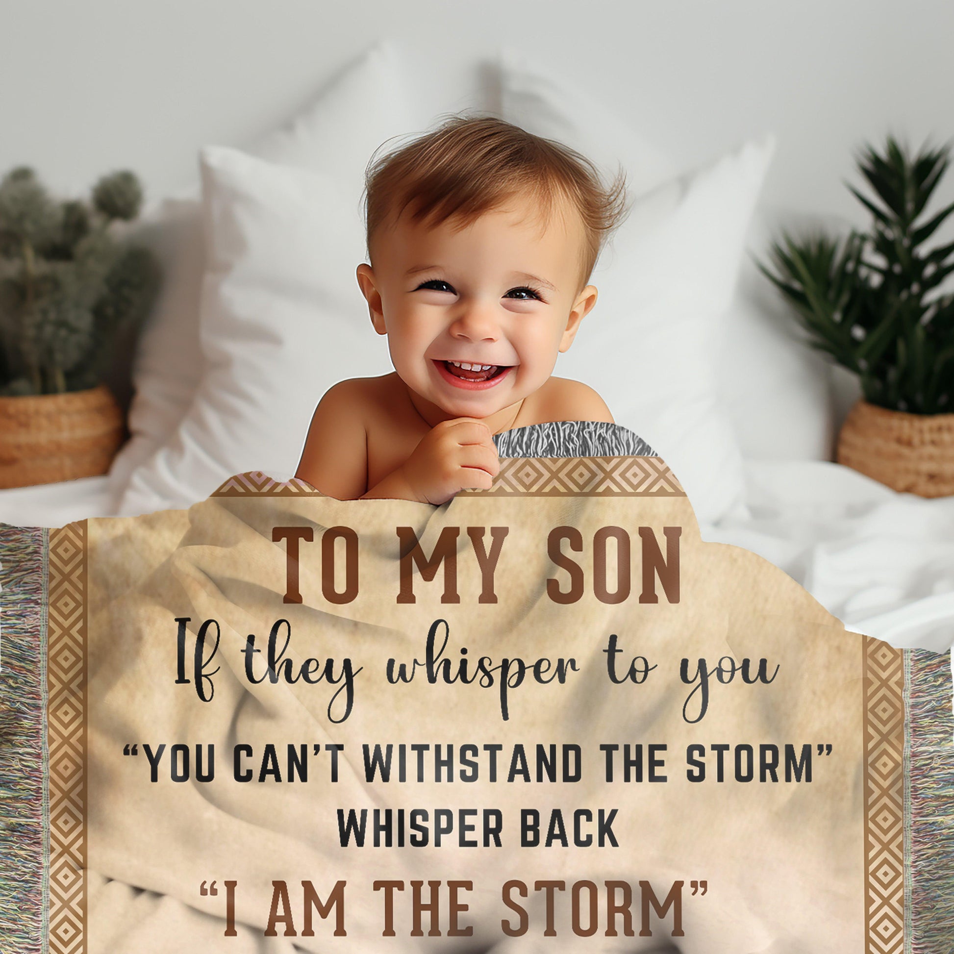 To My Son, Whisper Back, I am the Storm Heirloom Keepsake Woven Blanket - Mallard Moon Gift Shop