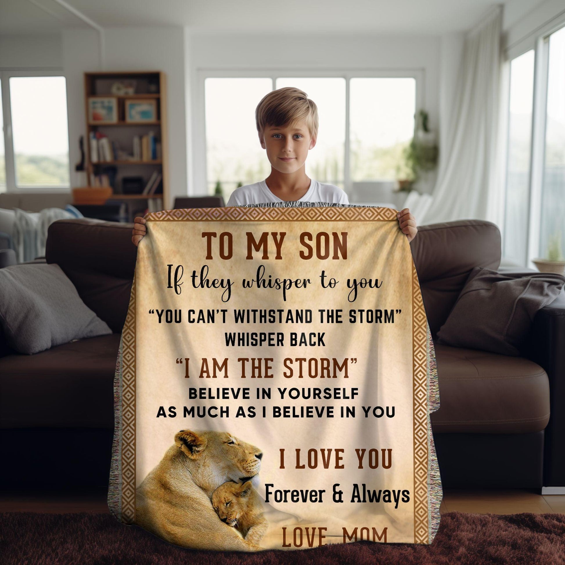 To My Son, Whisper Back, I am the Storm Heirloom Keepsake Woven Blanket - Mallard Moon Gift Shop