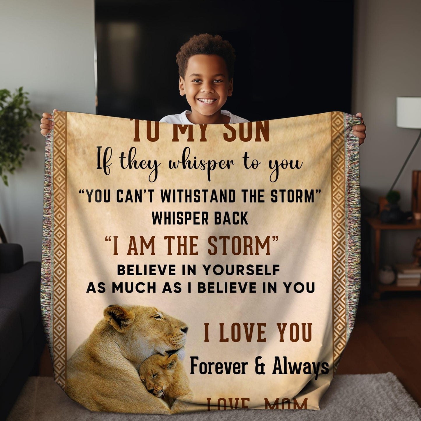 To My Son, Whisper Back, I am the Storm Heirloom Keepsake Woven Blanket - Mallard Moon Gift Shop