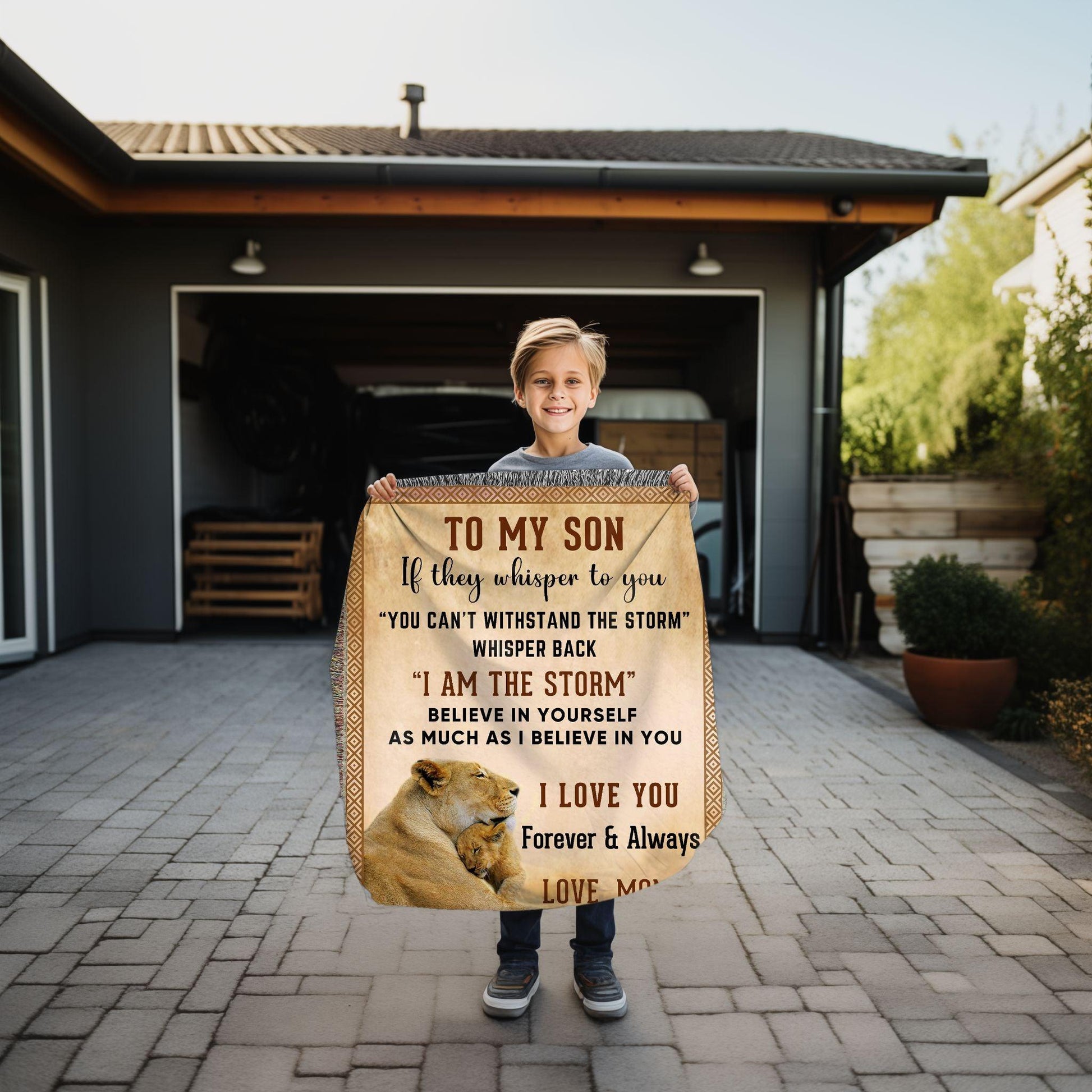 To My Son, Whisper Back, I am the Storm Heirloom Keepsake Woven Blanket - Mallard Moon Gift Shop