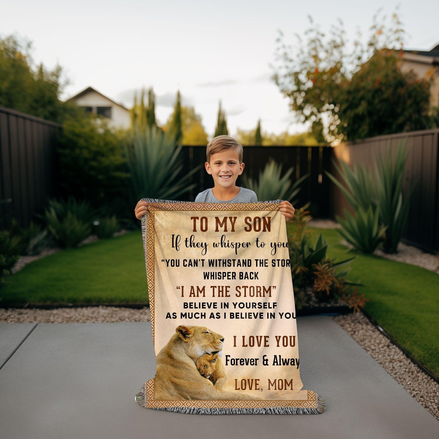 To My Son, Whisper Back, I am the Storm Heirloom Keepsake Woven Blanket - Mallard Moon Gift Shop