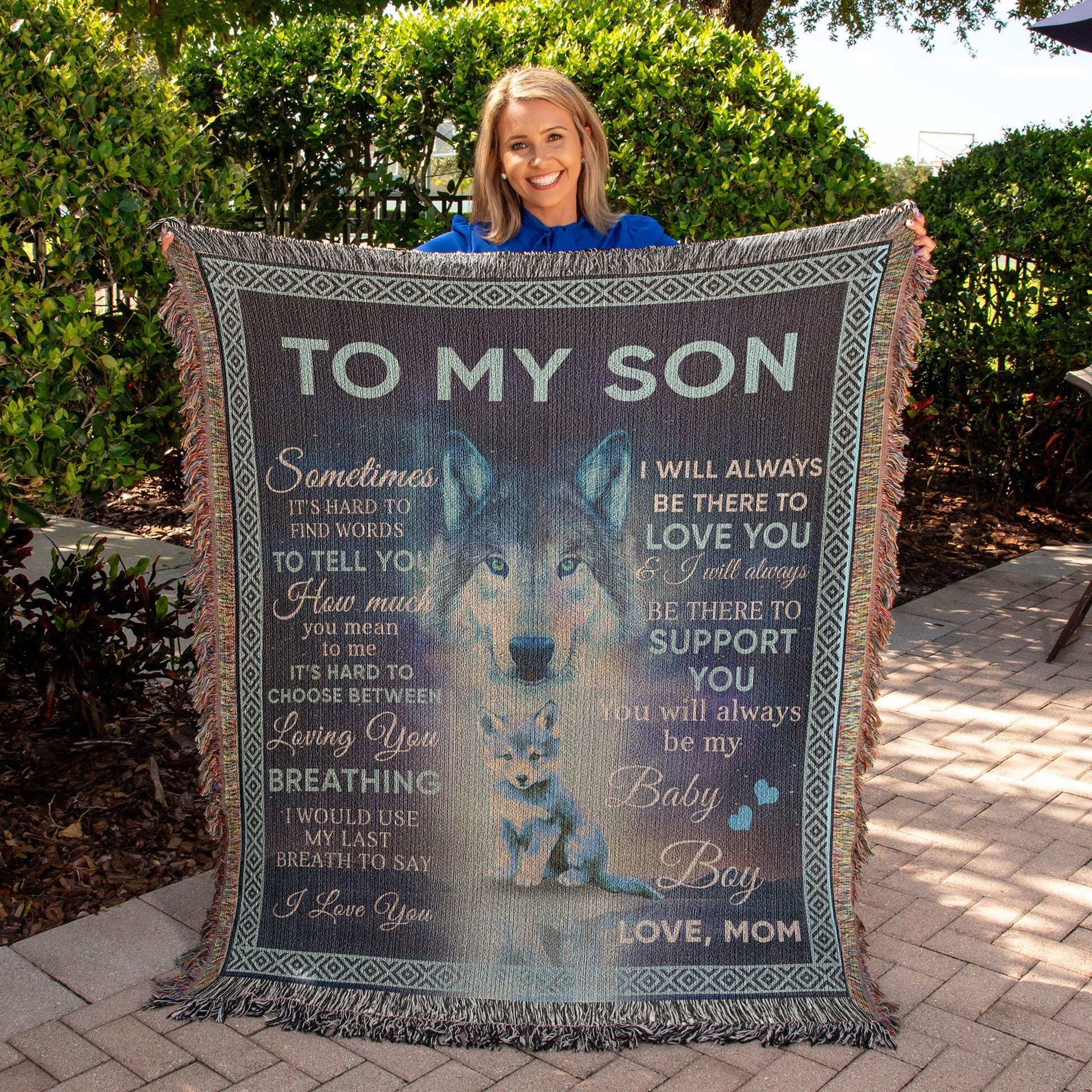 To My Son - You Will Always Be My Baby Boy Wolf and Cub Heirloom Woven Blanket - Mallard Moon Gift Shop