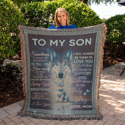 To My Son - You Will Always Be My Baby Boy Wolf and Cub Heirloom Woven Blanket - Mallard Moon Gift Shop