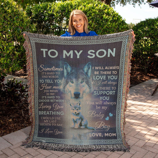 To My Son - You Will Always Be My Baby Boy Wolf and Cub Heirloom Woven Blanket - Mallard Moon Gift Shop