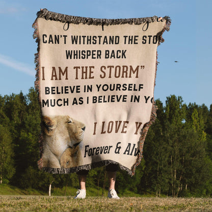 To My Stepson, Whisper Back, I am the Storm Heirloom Keepsake Woven Blanket - Mallard Moon Gift Shop