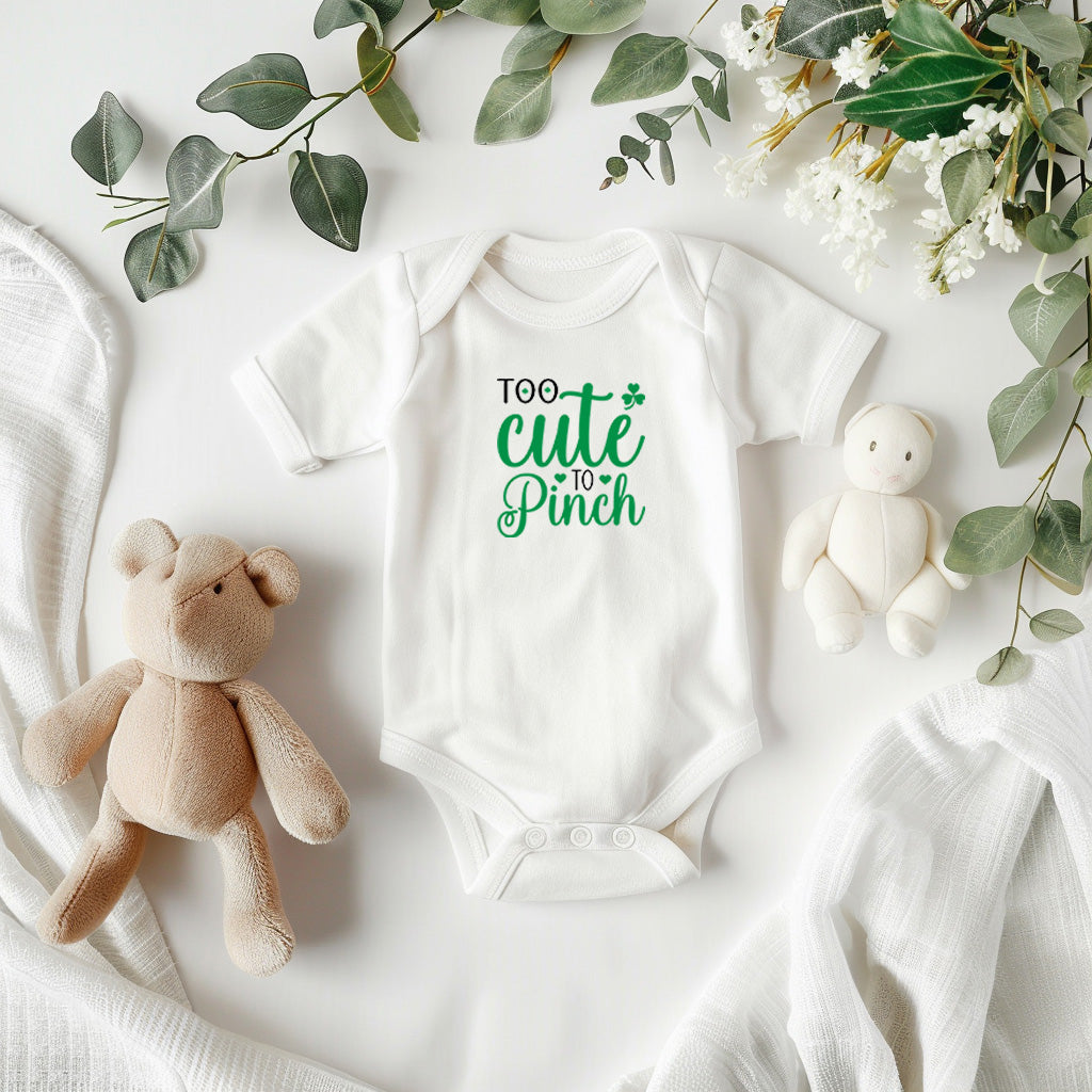 Too Cute to Pinch St. Patrick’s Day Baby Bodysuit – Funny Shamrock Onesie – Soft Cotton Infant Romper – Irish Holiday Outfit & Baby Gift - Mallard Moon Gift Shop