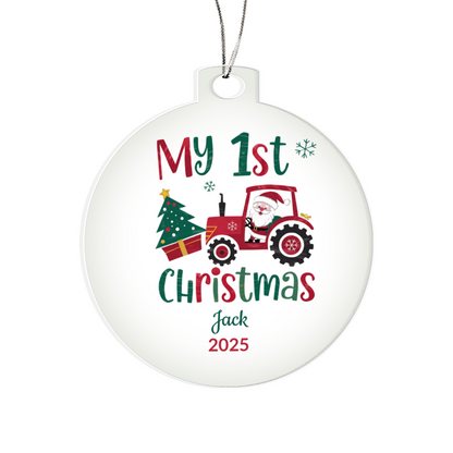 Personalized My 1st Christmas Acrylic Ornament with Name & Year – Santa Tractor Baby’s First Christmas Keepsake Gift