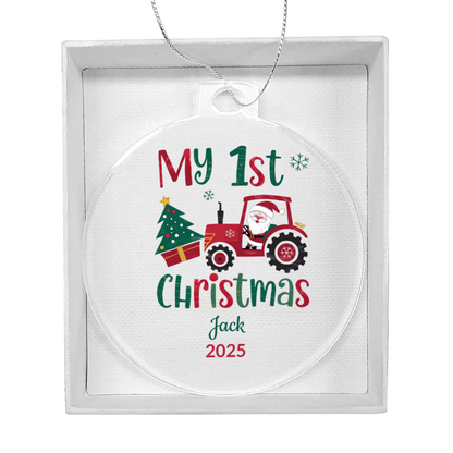 Personalized My 1st Christmas Acrylic Ornament with Name & Year – Santa Tractor Baby’s First Christmas Keepsake Gift