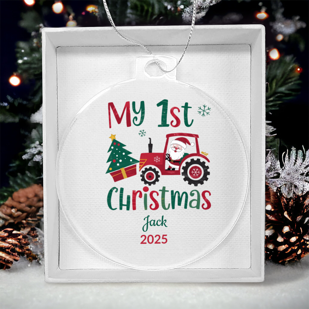 Personalized My 1st Christmas Acrylic Ornament with Name & Year – Santa Tractor Baby’s First Christmas Keepsake Gift