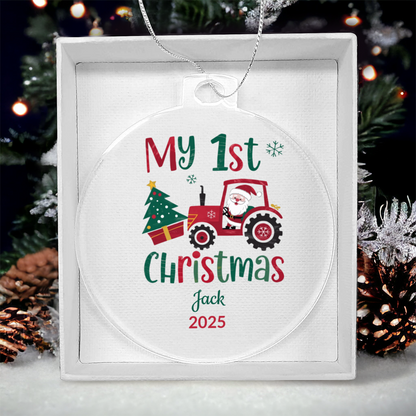 Personalized My 1st Christmas Acrylic Ornament with Name & Year – Santa Tractor Baby’s First Christmas Keepsake Gift