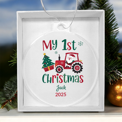 Personalized My 1st Christmas Acrylic Ornament with Name & Year – Santa Tractor Baby’s First Christmas Keepsake Gift