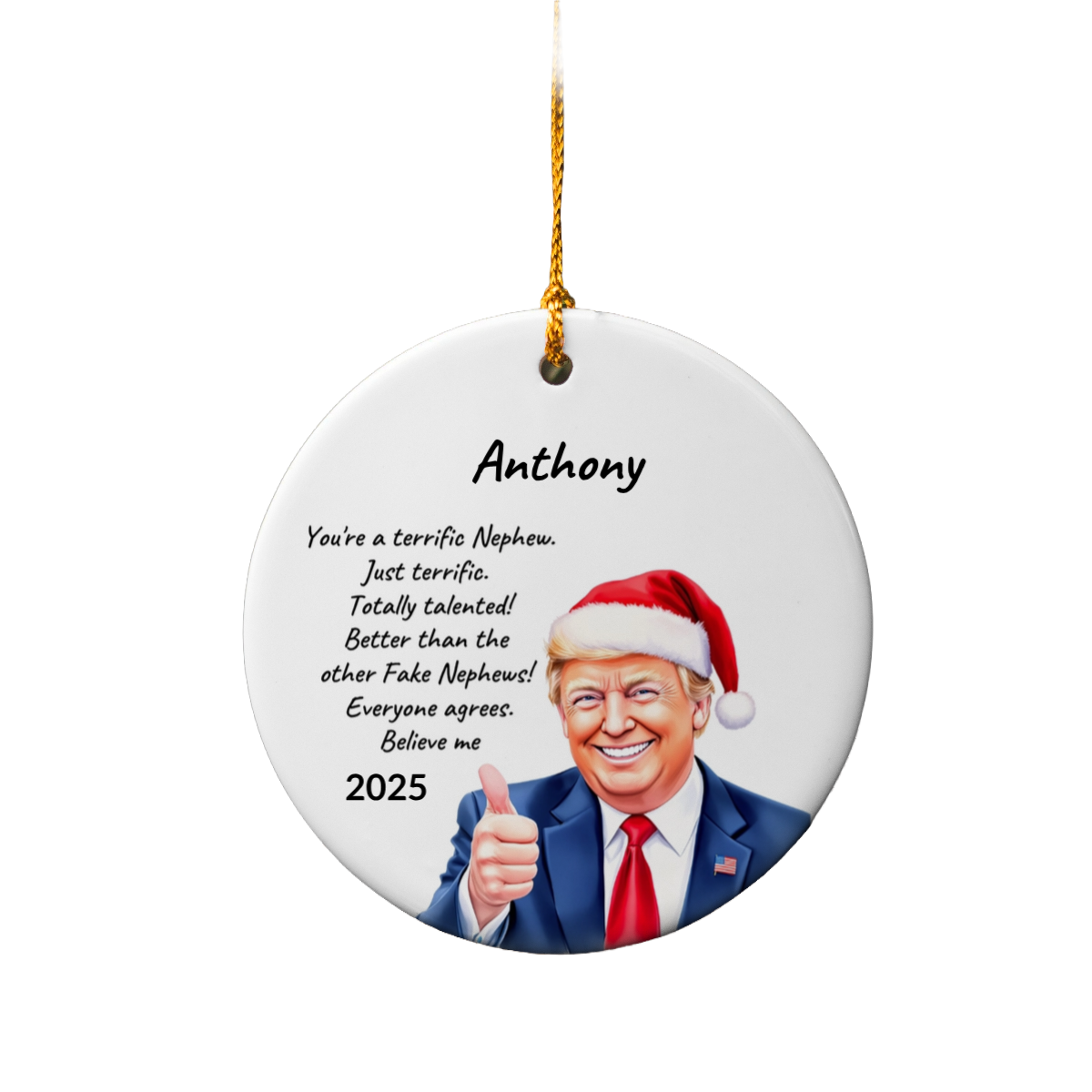Personalized Nephew - Niece Trump Christmas Ornament – Funny Santa Thumbs-Up Holiday Gift – Custom Name & Year Keepsake for Nephews