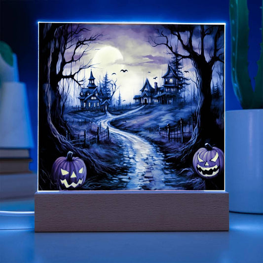 Twilight Terrace: Eerie Halloween Mansion Acrylic Plaque - Mallard Moon Gift Shop