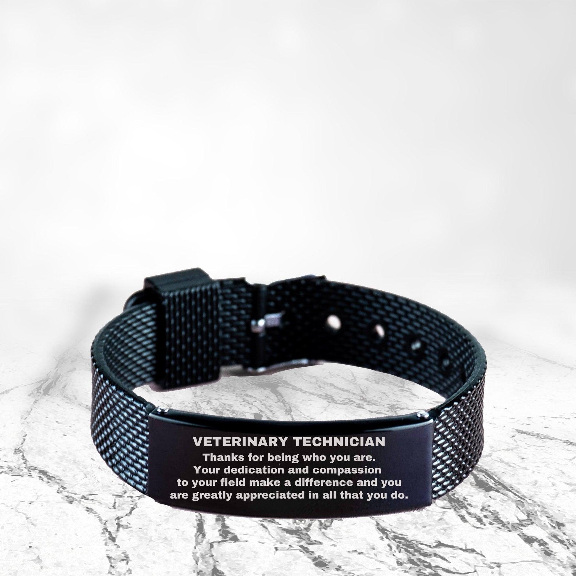 Veterinary Technician Black Shark Mesh Stainless Steel Engraved Bracelet - Thanks for being who you are - Birthday Christmas Jewelry Gifts Coworkers Colleague Boss - Mallard Moon Gift Shop