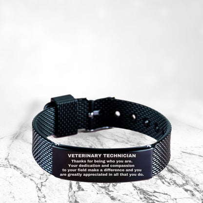 Veterinary Technician Black Shark Mesh Stainless Steel Engraved Bracelet - Thanks for being who you are - Birthday Christmas Jewelry Gifts Coworkers Colleague Boss - Mallard Moon Gift Shop