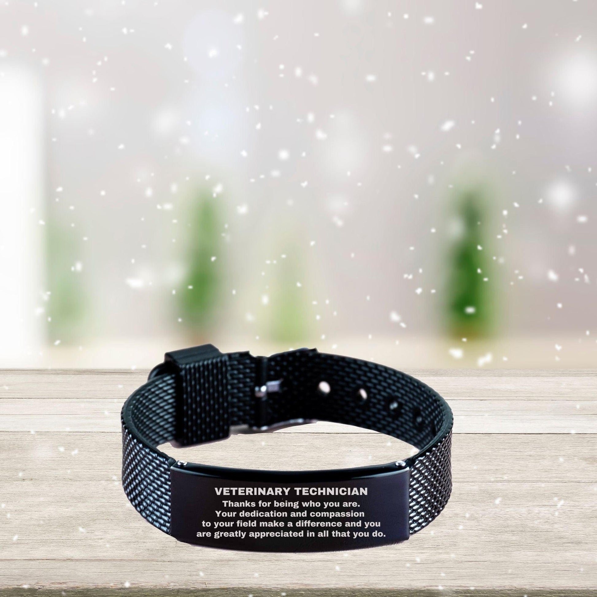 Veterinary Technician Black Shark Mesh Stainless Steel Engraved Bracelet - Thanks for being who you are - Birthday Christmas Jewelry Gifts Coworkers Colleague Boss - Mallard Moon Gift Shop