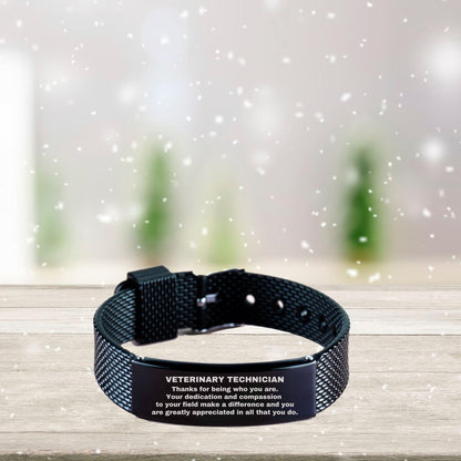 Veterinary Technician Black Shark Mesh Stainless Steel Engraved Bracelet - Thanks for being who you are - Birthday Christmas Jewelry Gifts Coworkers Colleague Boss - Mallard Moon Gift Shop