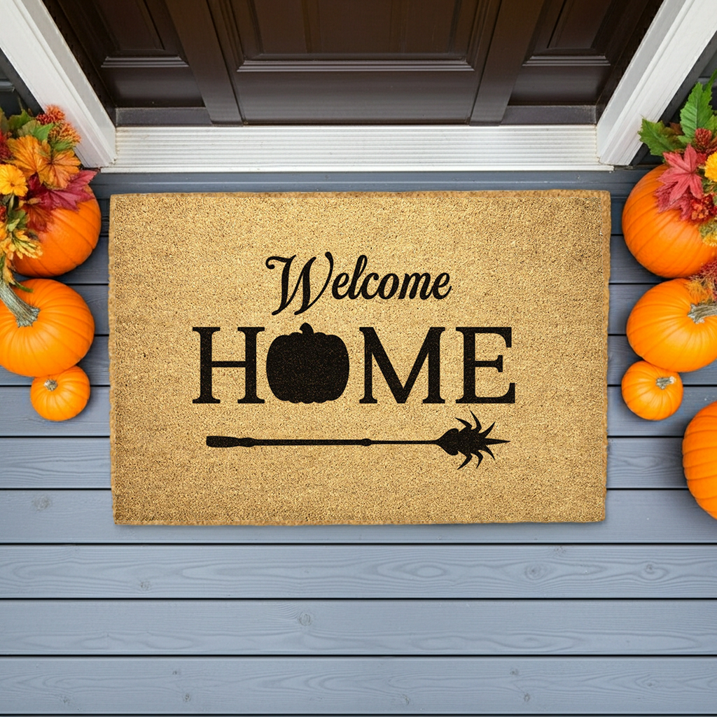 Welcome Halloween Doormat – Witch Broom Outdoor Coir Mat - Mallard Moon