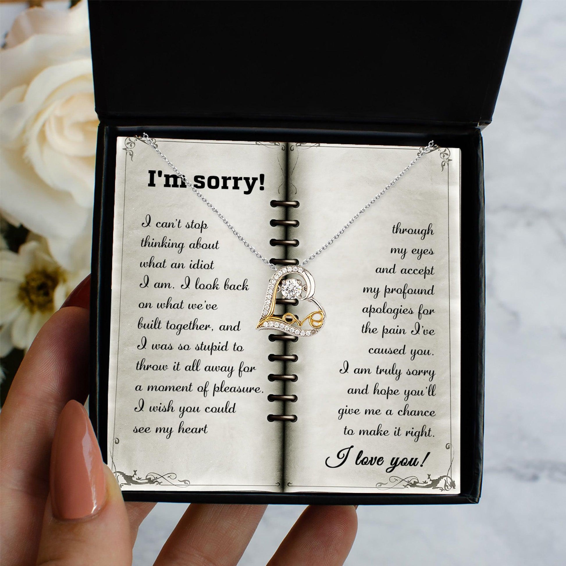 Apology Gift for Girlfriend, Wife, Soulmate - Sorry, What An Idiot - Love Dancing Heart Pendant Necklace - Mallard Moon Gift Shop