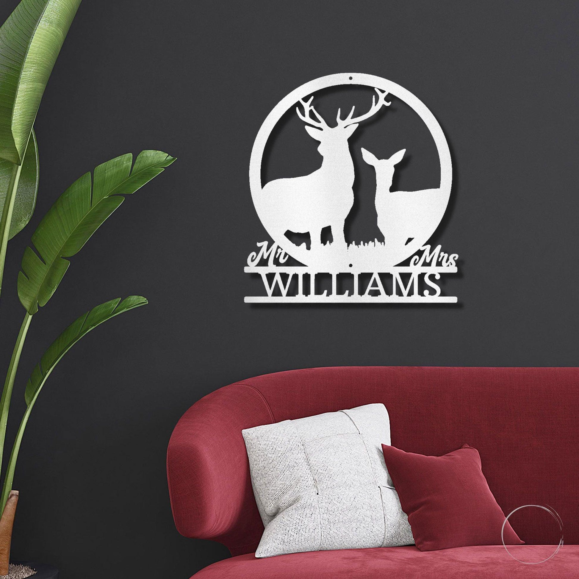 Deer Stag and Doe Mr and Mrs Custom Name Metal Art Wall Sign - Mallard Moon Gift Shop