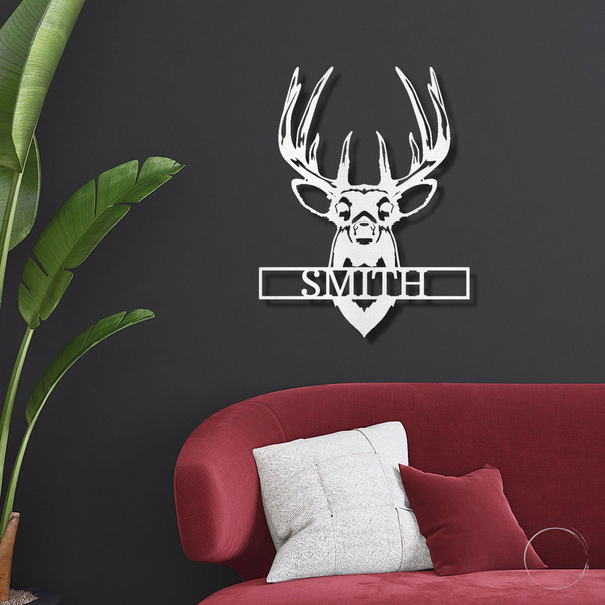 Deer Buck Head Mount Monogram Personalized Name Metal Art Wall Sign - Mallard Moon Gift Shop