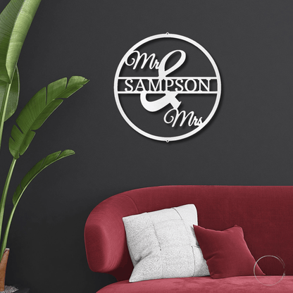 Mr and Mrs Circle Custom Name Steel Wall Sign - Mallard Moon Gift Shop
