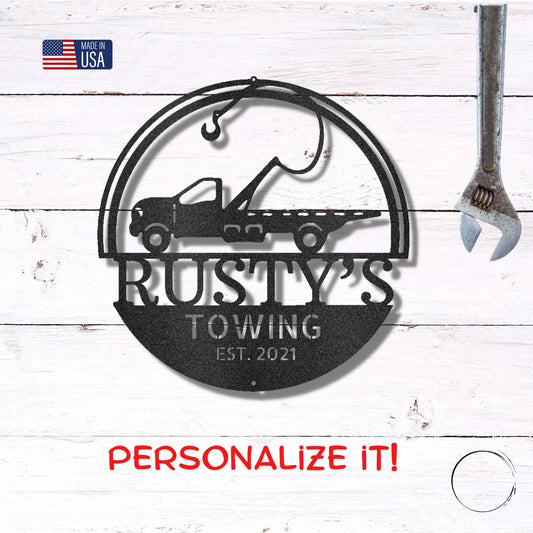 Tow Truck Custom Name Indoor Outdoor Steel Wall Sign - Mallard Moon Gift Shop