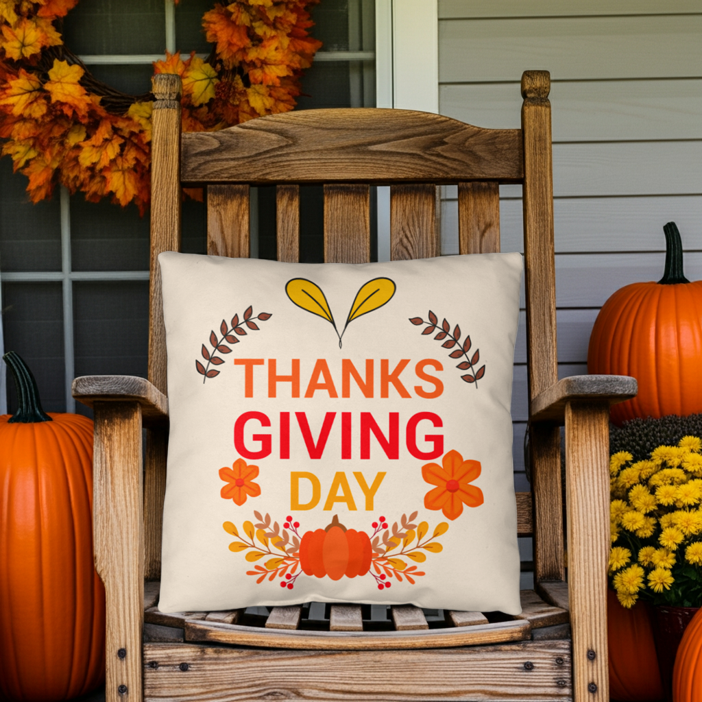 Thanksgiving Day Throw Pillow – Festive Pumpkin & Floral Fall Accent Cushion – Indoor/Outdoor, 3 Sizes - Mallard Moon