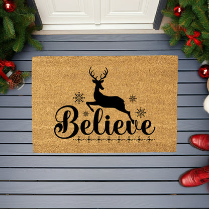 Believe Reindeer Doormat – Christmas Outdoor Coir Mat Holiday Décor - Mallard Moon