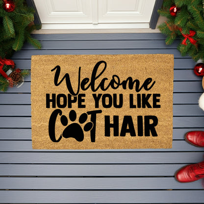 Funny Cat Lover Doormat – “Welcome Hope You Like Cat Hair” | Coir Welcome Mat with Paw Print | Gift for Cat Owners, Pet Homes & Crazy Cat Moms - Mallard Moon