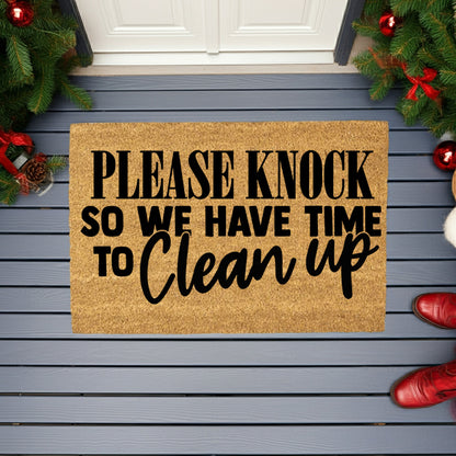Funny “Please Knock So We Have Time to Clean Up” Doormat | Relatable Coir Welcome Mat for Families | Real-Life Humor Front Porch Décor - Mallard Moon