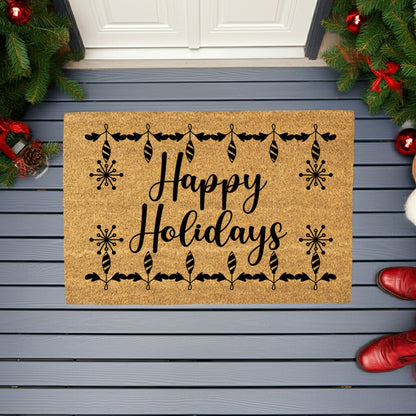 Happy Holidays Christmas Doormat | Festive Coir Welcome Mat with Ornaments & Snowflakes | Holiday Front Porch Décor Gift - Mallard Moon