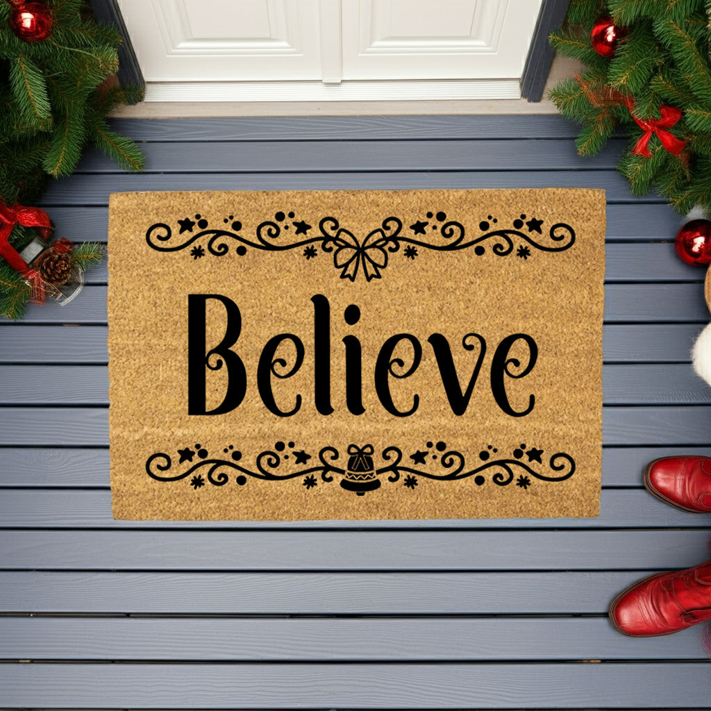 Believe in Christmas Doormat | Elegant Holiday Coir Welcome Mat with Bow & Bell Design | Festive Front Porch Décor Gift - Mallard Moon